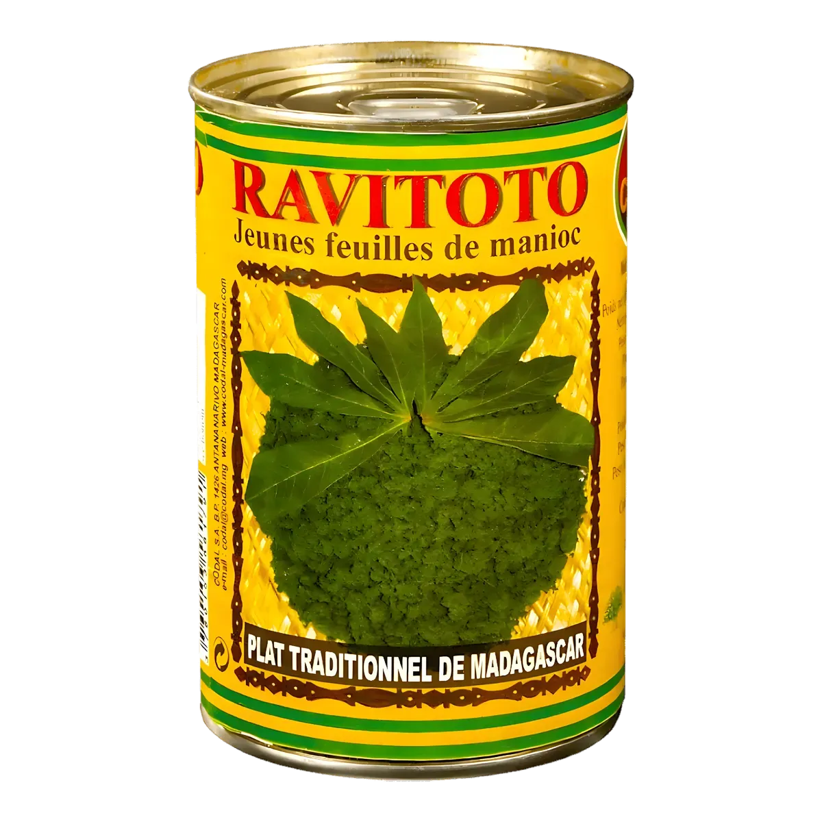 Conserve Ravitoto CODAL de jeunes feuilles de manioc hachées, spécialité malgache authentique en boîte jaune pour plats traditionnels.